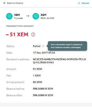Failed transaction freewallet to NEM wallet